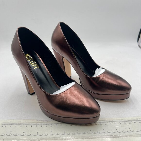 miss left Brown Low Platform Chunky High Heel Slip On Closed Round Toe Pump - Picture 4 of 8